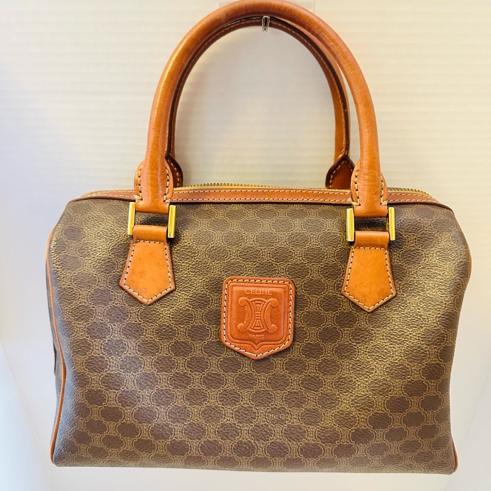 Vintage Celine Macadam Brown and Tan Boston Bag